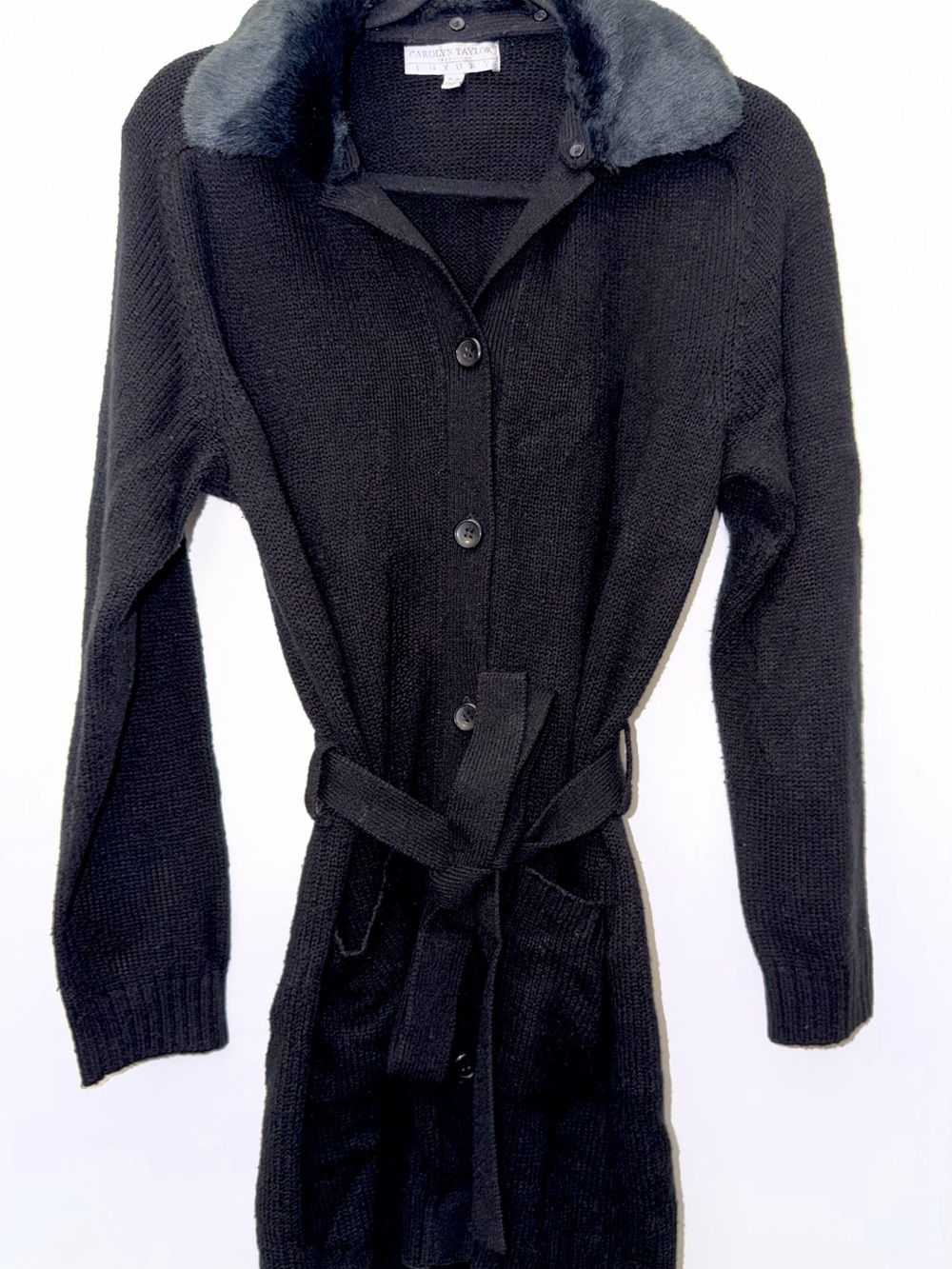 Black Knit Cardigan with Removable Faux Fur Collar (Size Medium)